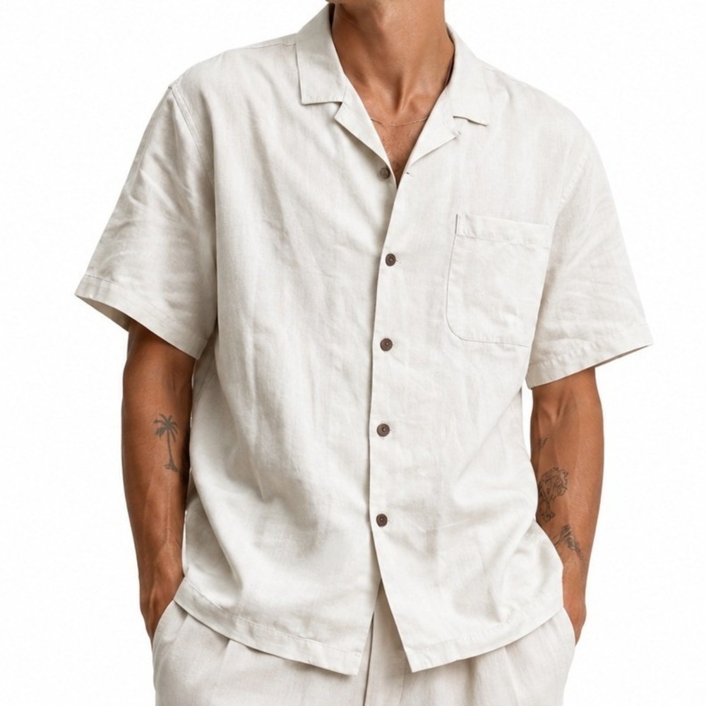 Tommy Bahama Mens Large Beige 100% Silk Camp Shirt Resortwear Tonal Vacation